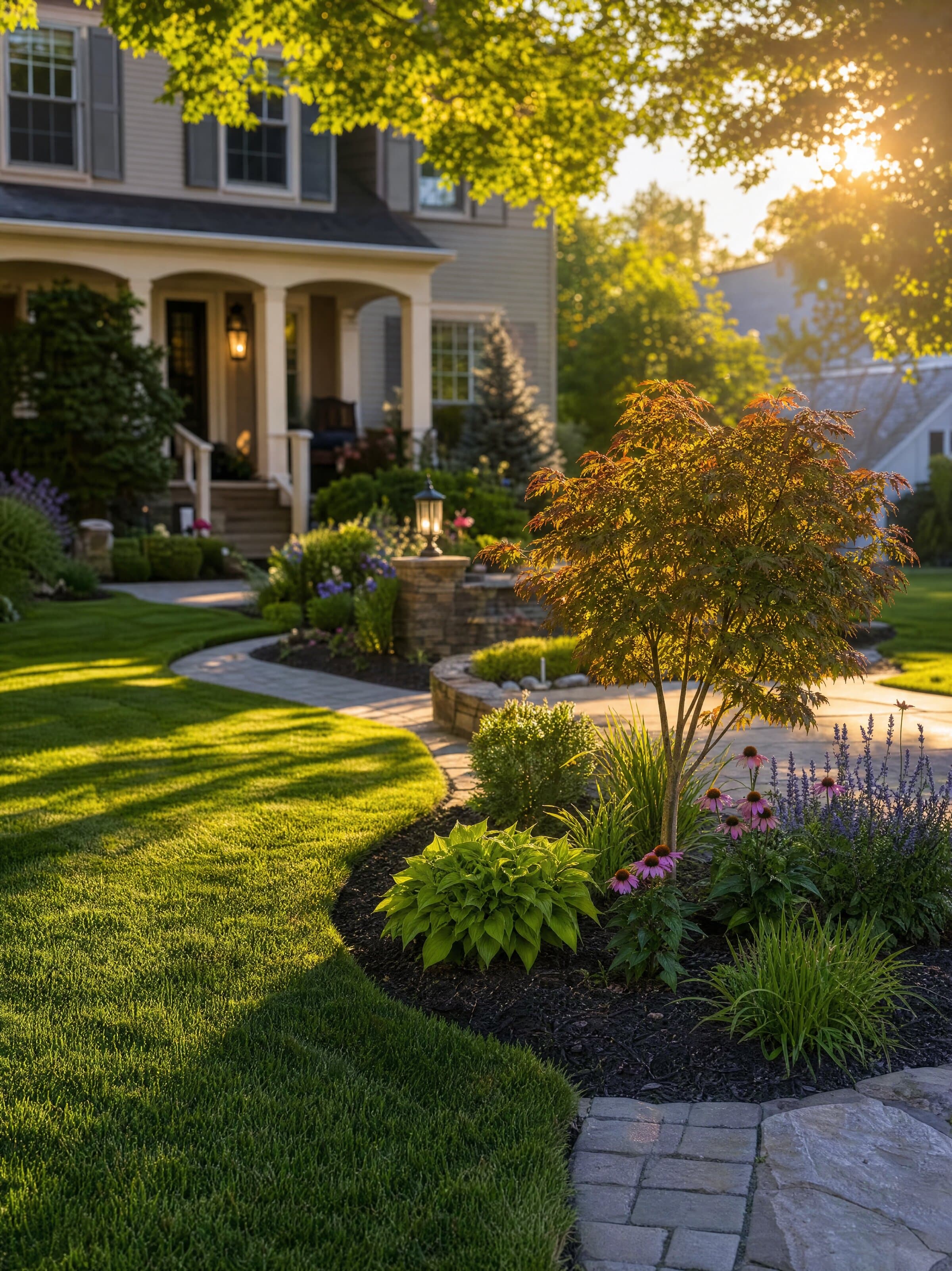 Freshly mowed lawn and landscaped garden beds at a Cleveland, Ohio home
