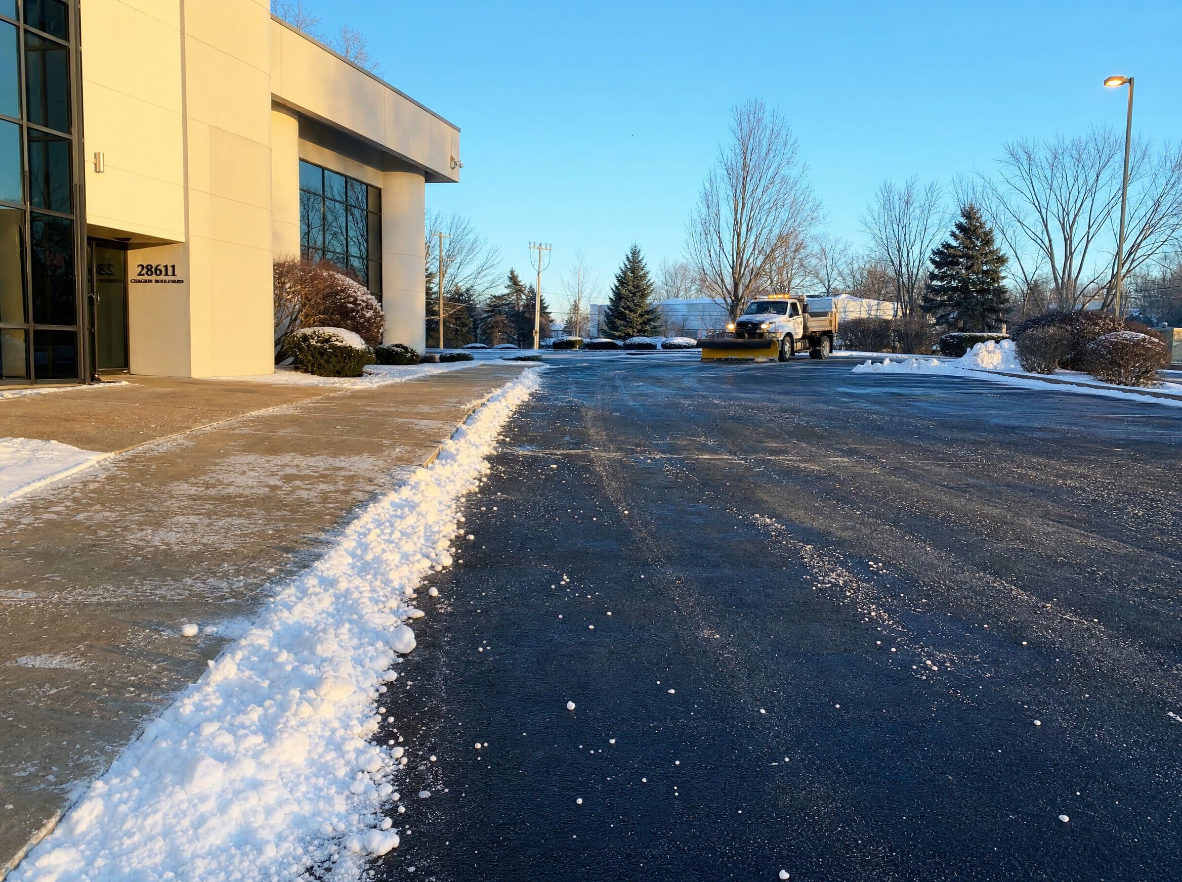 Commercial property plowing — Beachwood — cleared & salted by 7 AM